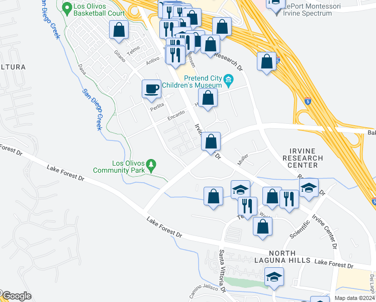 map of restaurants, bars, coffee shops, grocery stores, and more near 123 San Benito in Irvine