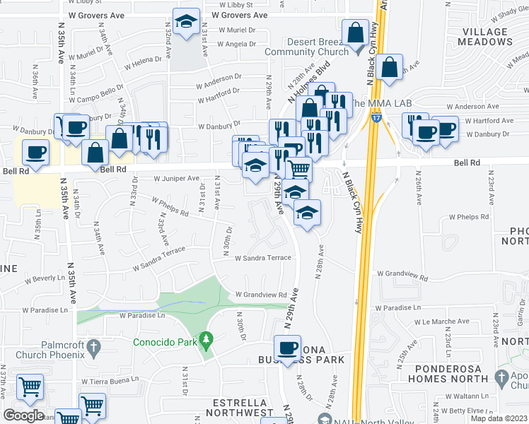 map of restaurants, bars, coffee shops, grocery stores, and more near 16634 North 29th Drive in Phoenix