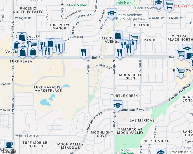 map of restaurants, bars, coffee shops, grocery stores, and more near 1015 West Kelton Lane in Phoenix