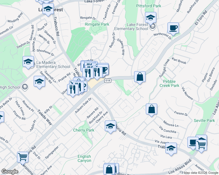 map of restaurants, bars, coffee shops, grocery stores, and more near 25885 Trabuco Road in Lake Forest