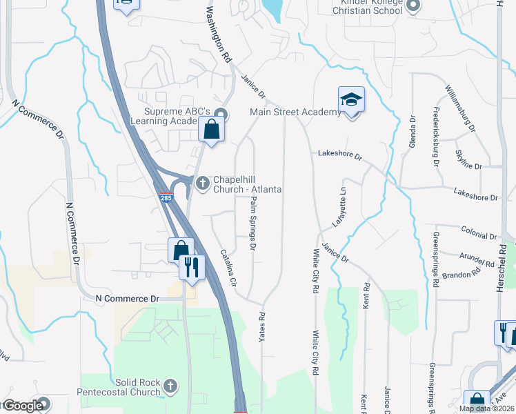 map of restaurants, bars, coffee shops, grocery stores, and more near 4348 Palm Springs Drive in East Point