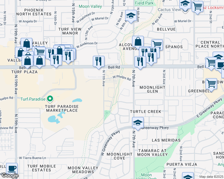 map of restaurants, bars, coffee shops, grocery stores, and more near 1015 West Kelton Lane in Phoenix