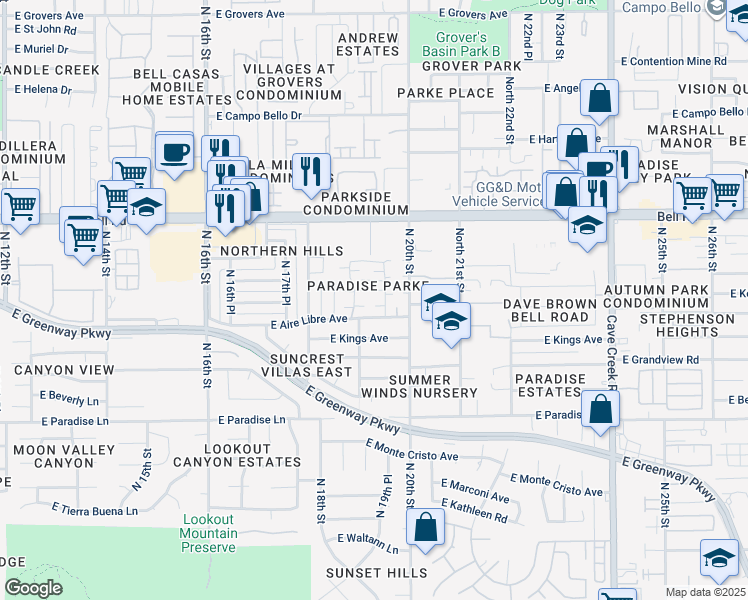 map of restaurants, bars, coffee shops, grocery stores, and more near 16614 North 19th Place in Phoenix