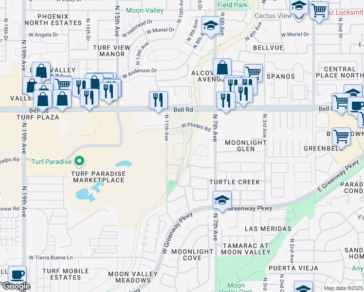 map of restaurants, bars, coffee shops, grocery stores, and more near 1015 West Kelton Lane in Phoenix