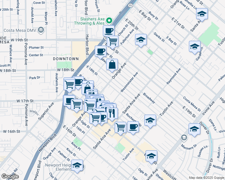 map of restaurants, bars, coffee shops, grocery stores, and more near 1789 Rogers Place in Costa Mesa