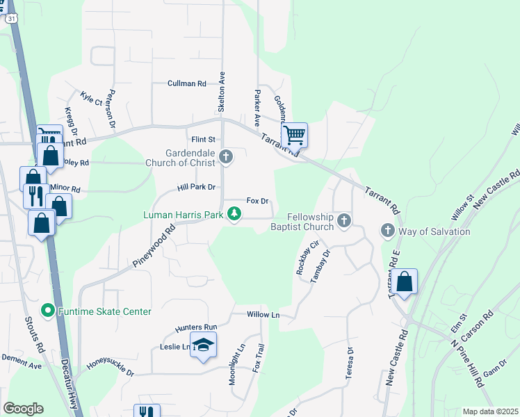 map of restaurants, bars, coffee shops, grocery stores, and more near 601 Park Street in Gardendale