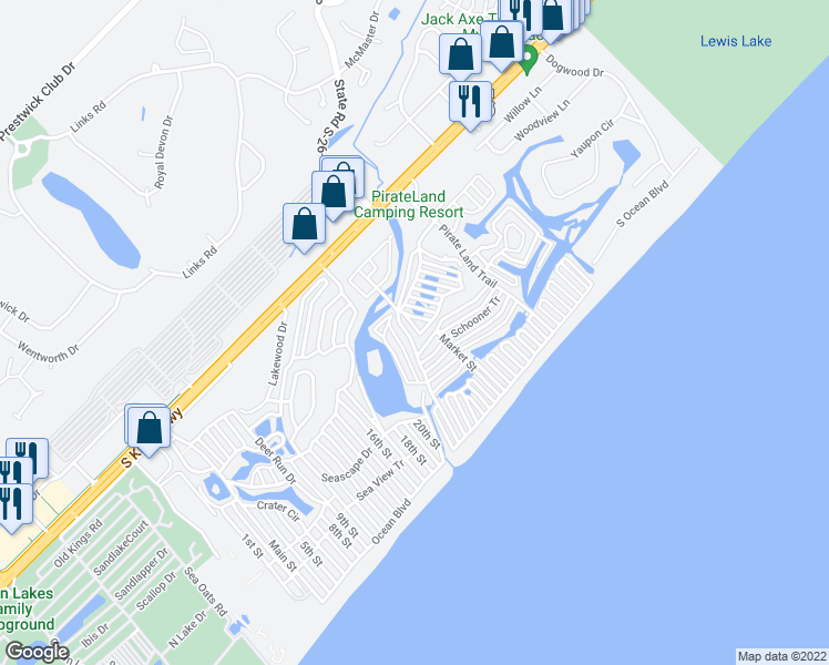 map of restaurants, bars, coffee shops, grocery stores, and more near 370 Pirate Land Trail in Myrtle Beach