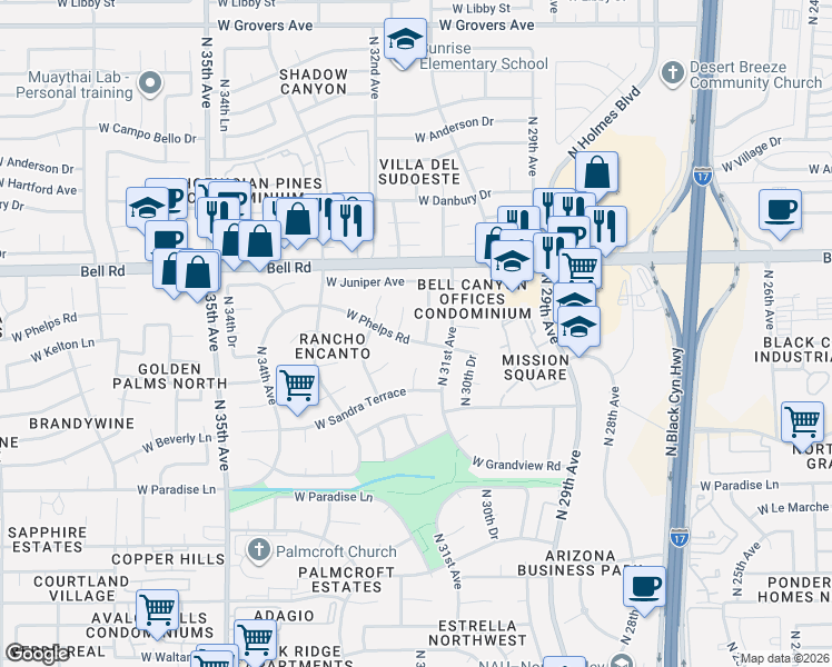 map of restaurants, bars, coffee shops, grocery stores, and more near 3138 West Phelps Road in Phoenix