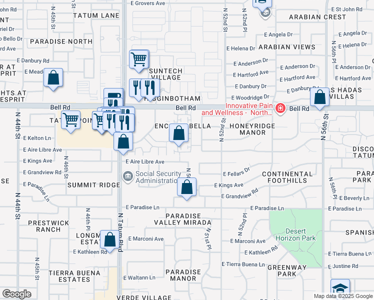 map of restaurants, bars, coffee shops, grocery stores, and more near 16618 North 50th Way in Scottsdale