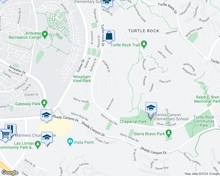 map of restaurants, bars, coffee shops, grocery stores, and more near 19181 Edgehill Drive in Irvine