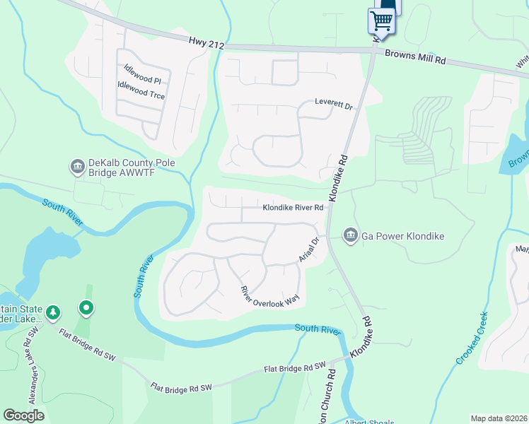 map of restaurants, bars, coffee shops, grocery stores, and more near 6295 Klondike River Road in Stonecrest