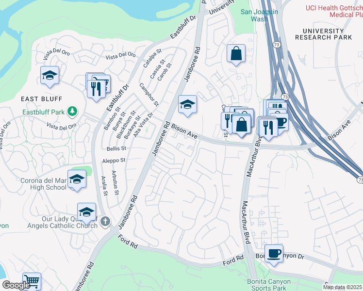 map of restaurants, bars, coffee shops, grocery stores, and more near 162 Woodburne in Newport Beach