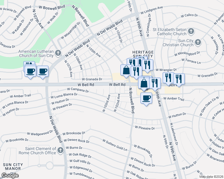 map of restaurants, bars, coffee shops, grocery stores, and more near 16850 North 103rd Avenue in Sun City