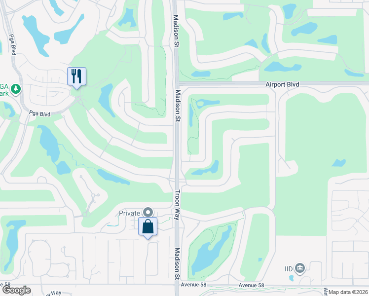 map of restaurants, bars, coffee shops, grocery stores, and more near Muirfield Way in La Quinta
