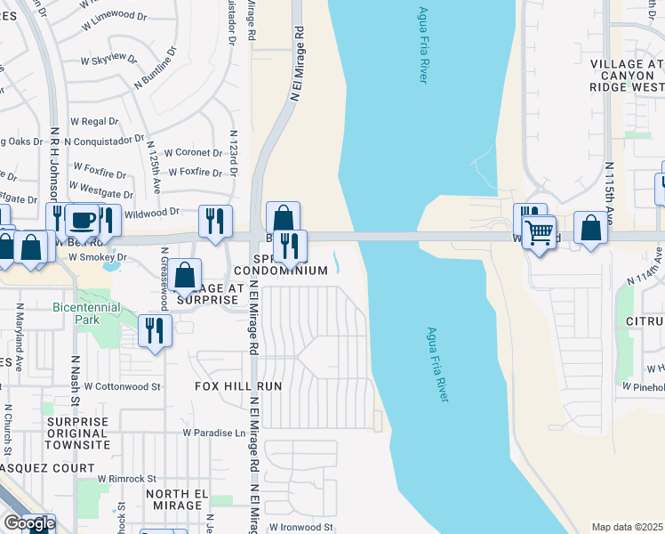 map of restaurants, bars, coffee shops, grocery stores, and more near 12123 West Bell Road in Surprise