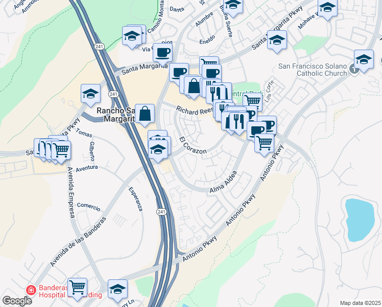 map of restaurants, bars, coffee shops, grocery stores, and more near 23 Calle Del Rio in Rancho Santa Margarita