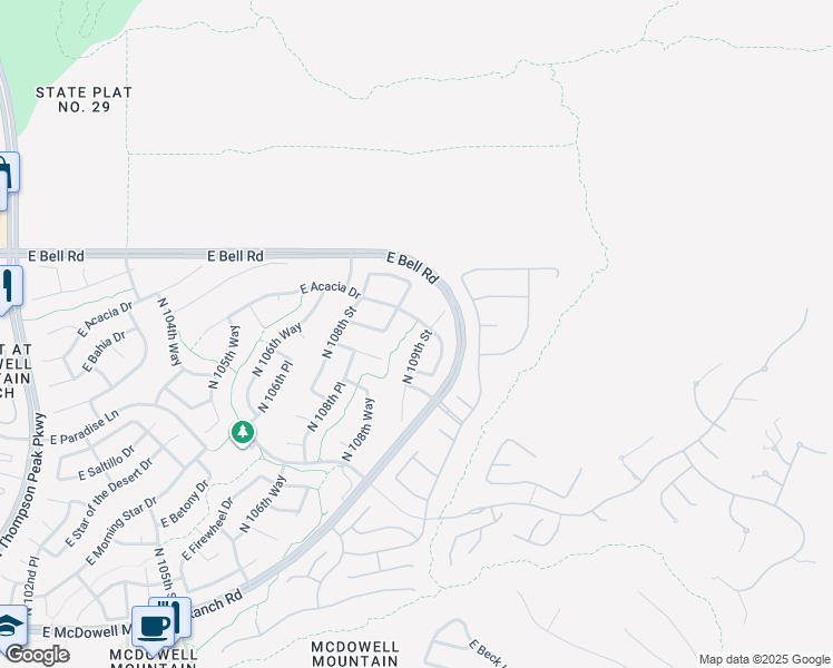 map of restaurants, bars, coffee shops, grocery stores, and more near 16612 North 109th Street in Scottsdale