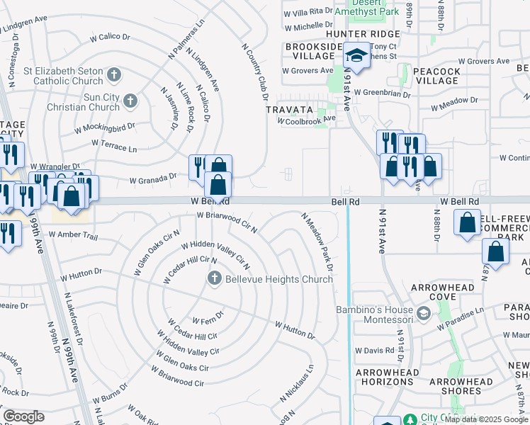 map of restaurants, bars, coffee shops, grocery stores, and more near 16857 North Meadow Park Drive in Sun City