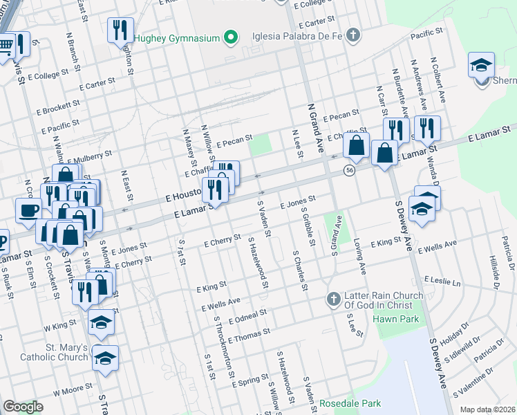map of restaurants, bars, coffee shops, grocery stores, and more near 1023 East Jones Street in Sherman