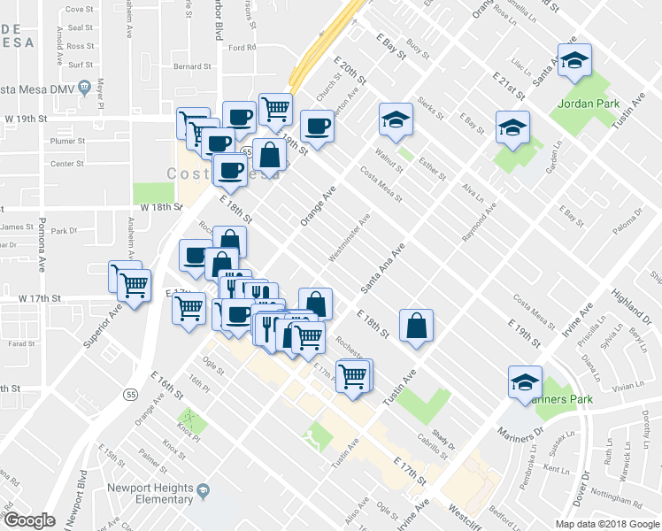 map of restaurants, bars, coffee shops, grocery stores, and more near 249 Magnolia Street in Costa Mesa