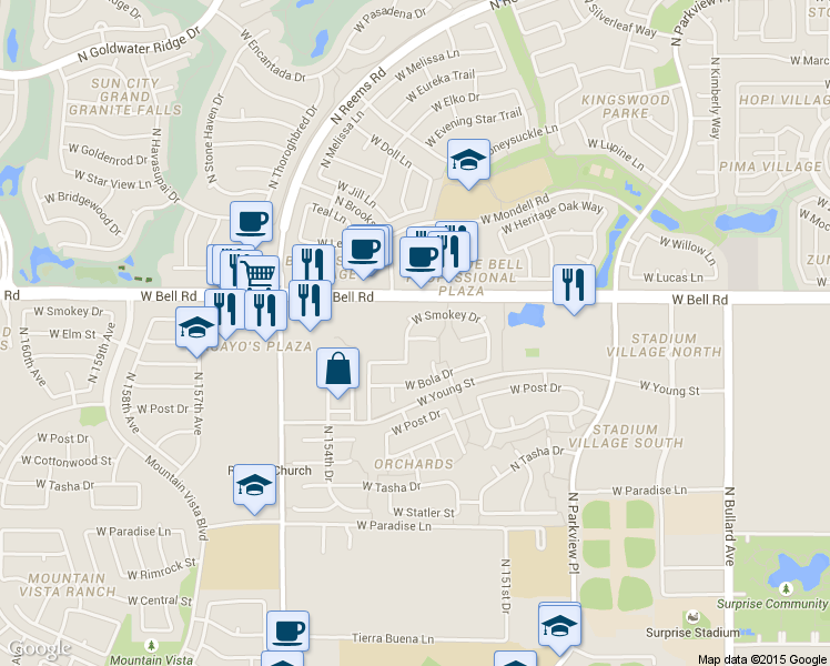 map of restaurants, bars, coffee shops, grocery stores, and more near 15267 West Smokey Drive in Surprise