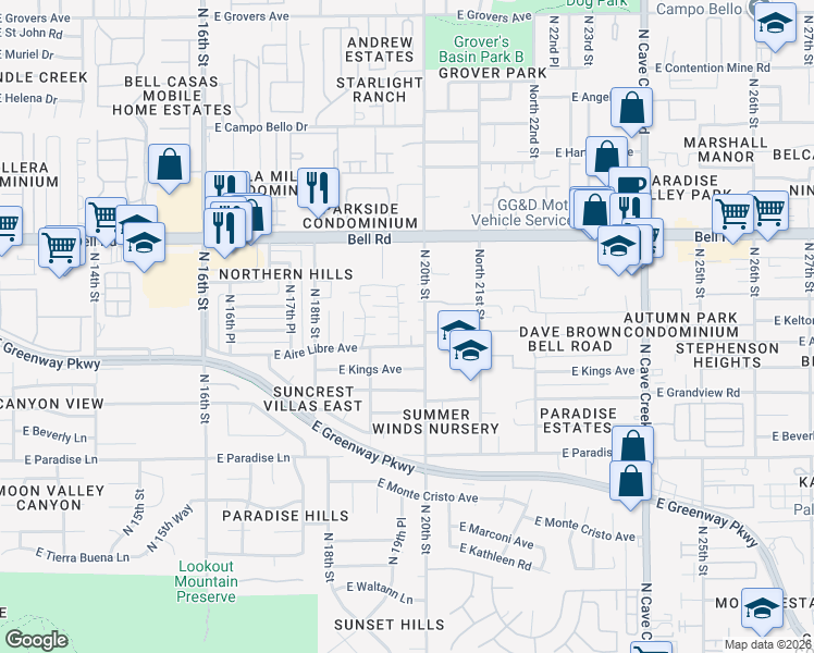 map of restaurants, bars, coffee shops, grocery stores, and more near 16618 North 20th Street in Phoenix