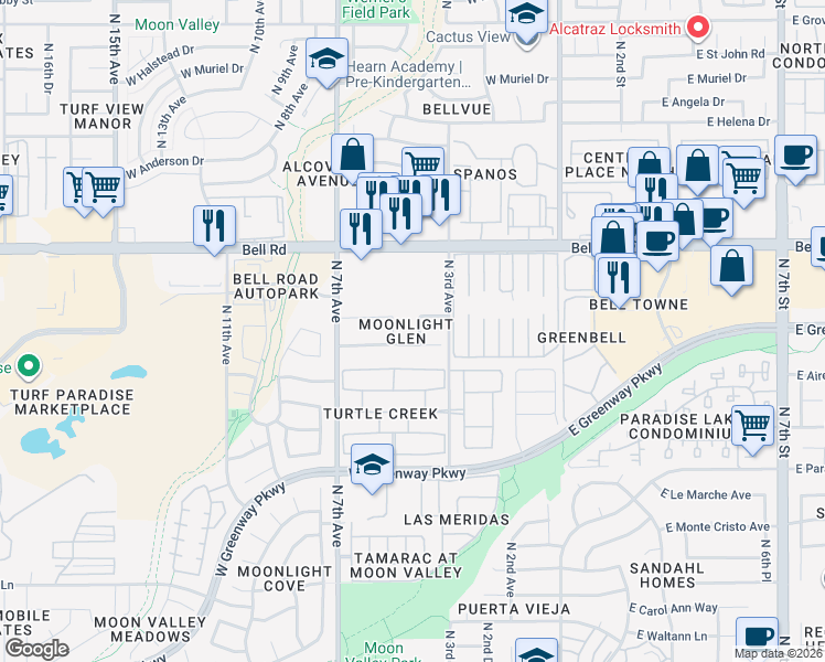 map of restaurants, bars, coffee shops, grocery stores, and more near 16612 North 4th Avenue in Phoenix