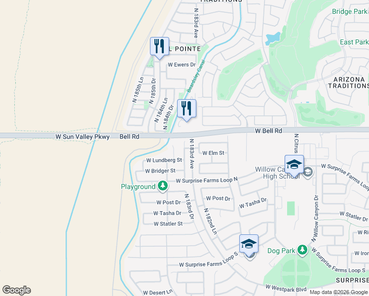 map of restaurants, bars, coffee shops, grocery stores, and more near 16870 North 183rd Drive in Surprise
