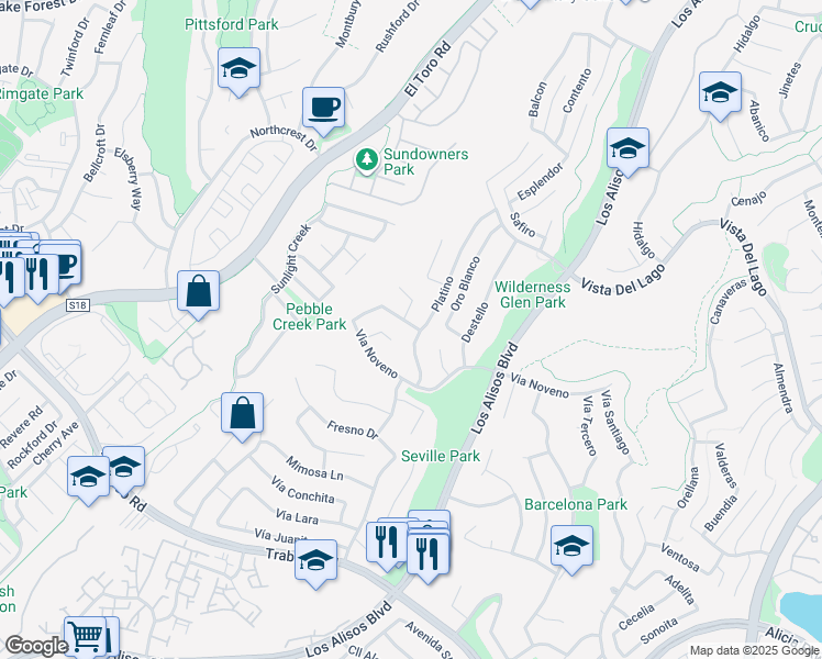 map of restaurants, bars, coffee shops, grocery stores, and more near 26701 Altanero in Mission Viejo