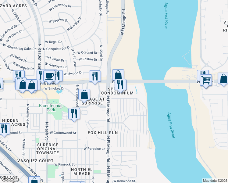 map of restaurants, bars, coffee shops, grocery stores, and more near 12221 West Bell Road in Surprise
