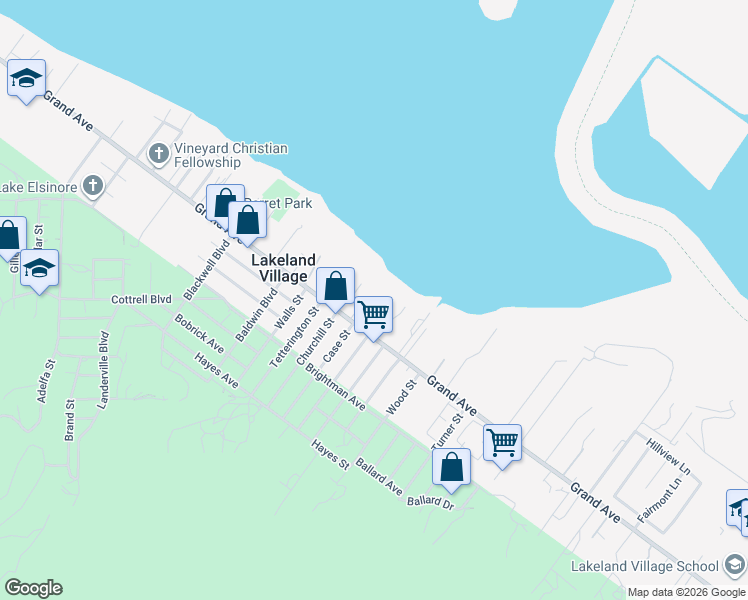 map of restaurants, bars, coffee shops, grocery stores, and more near 17840 Grand Avenue in Lake Elsinore