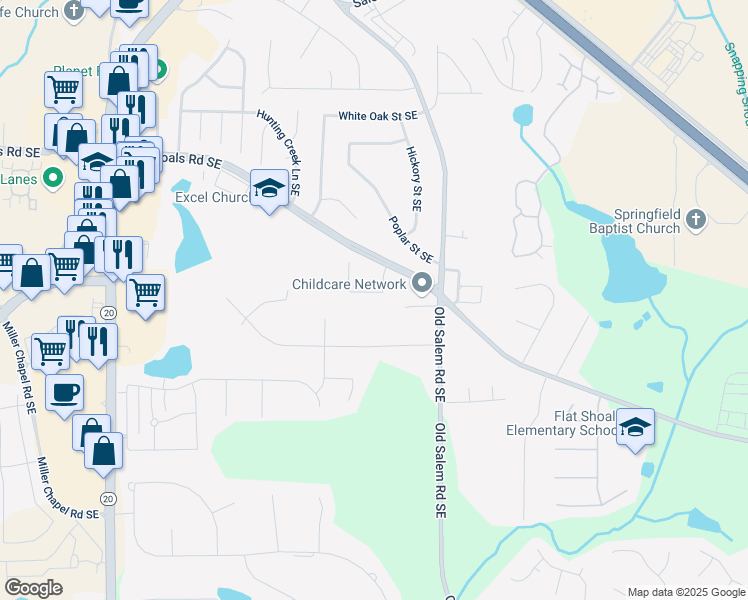 map of restaurants, bars, coffee shops, grocery stores, and more near 1327 Earle Court Southeast in Conyers