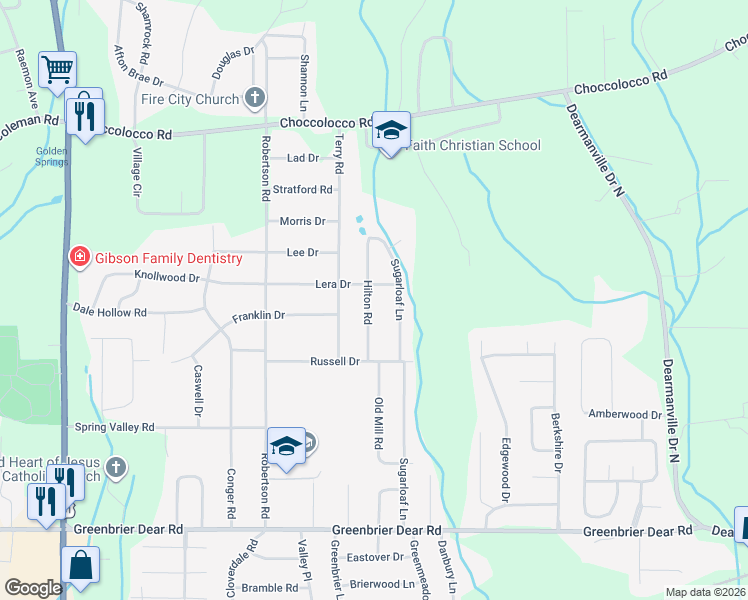 map of restaurants, bars, coffee shops, grocery stores, and more near 805 Hilton Road in Anniston