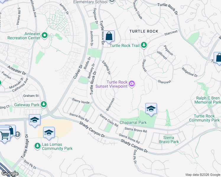 map of restaurants, bars, coffee shops, grocery stores, and more near 19181 Edgehill Drive in Irvine