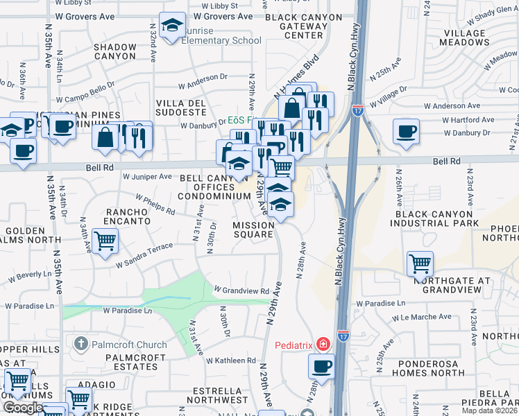 map of restaurants, bars, coffee shops, grocery stores, and more near 16634 North 29th Drive in Phoenix