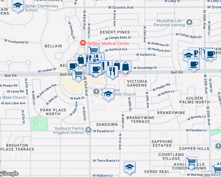 map of restaurants, bars, coffee shops, grocery stores, and more near 4045 West Bell Road in Phoenix