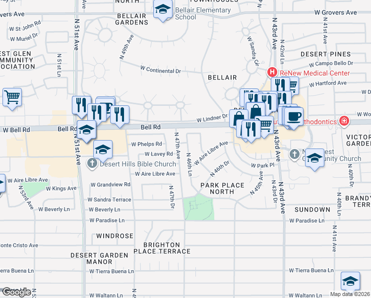 map of restaurants, bars, coffee shops, grocery stores, and more near 16638 North 46th Lane in Glendale