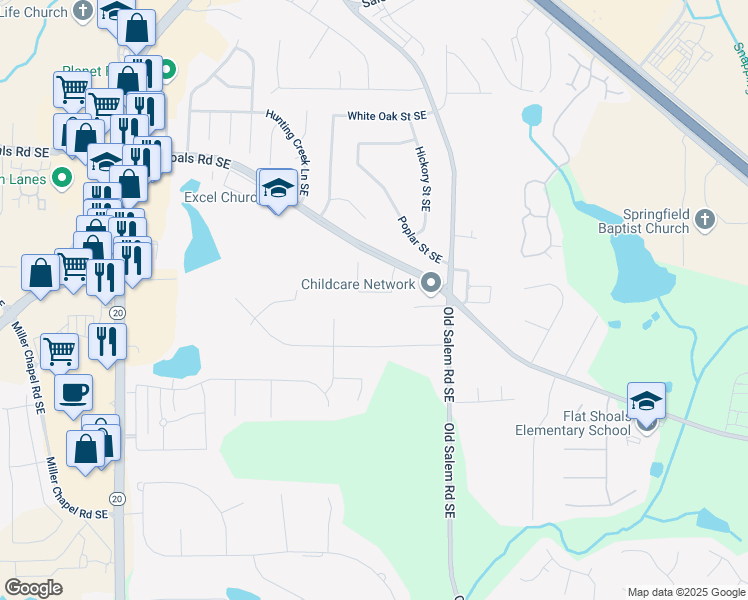 map of restaurants, bars, coffee shops, grocery stores, and more near 1321 Earle Court Southeast in Conyers