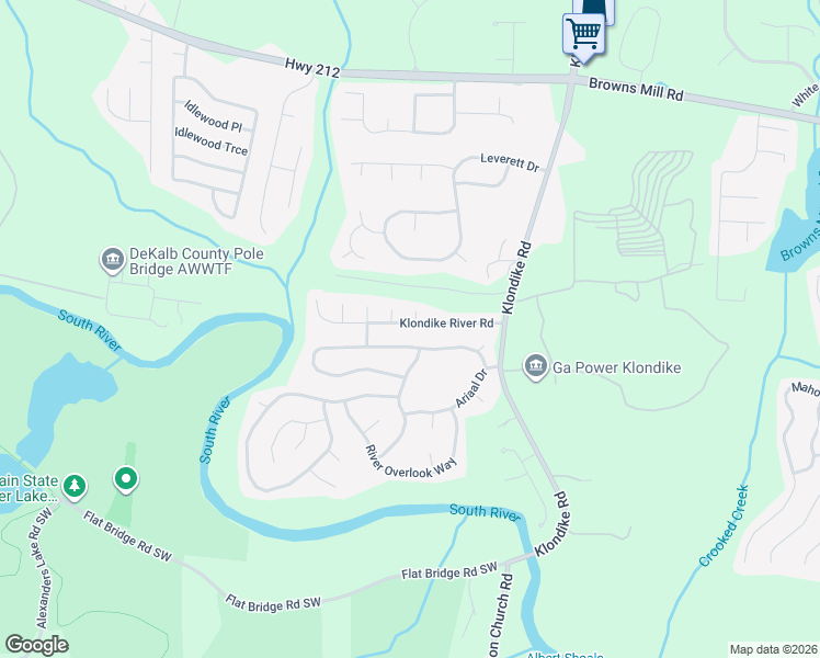 map of restaurants, bars, coffee shops, grocery stores, and more near 6295 Klondike River Road in Stonecrest