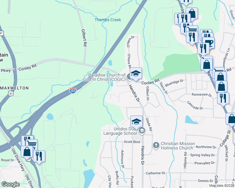 map of restaurants, bars, coffee shops, grocery stores, and more near 493 Evergreen Drive in Forest Park