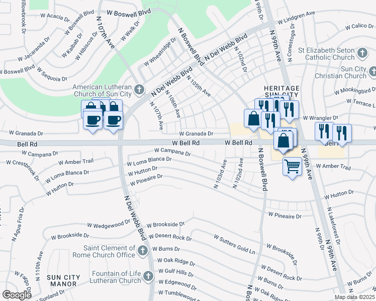 map of restaurants, bars, coffee shops, grocery stores, and more near 10422 West Campana Drive in Sun City