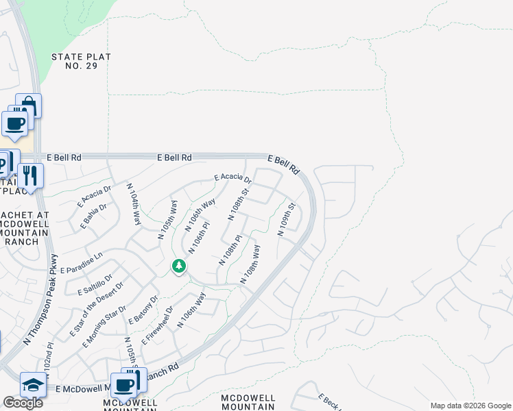 map of restaurants, bars, coffee shops, grocery stores, and more near 10849 East Jasmine Drive in Scottsdale