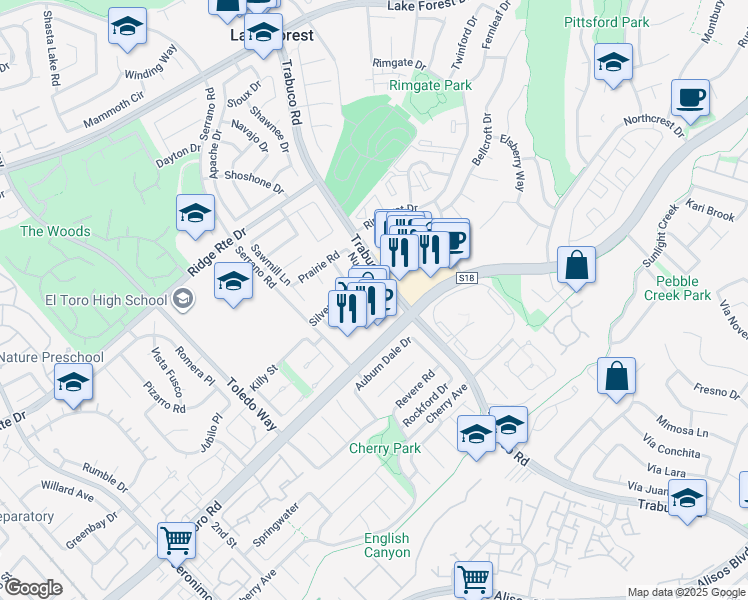 map of restaurants, bars, coffee shops, grocery stores, and more near 22412 Goldrush in Lake Forest