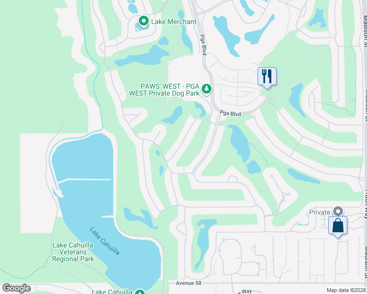 map of restaurants, bars, coffee shops, grocery stores, and more near 80625 Cedar Crest in La Quinta