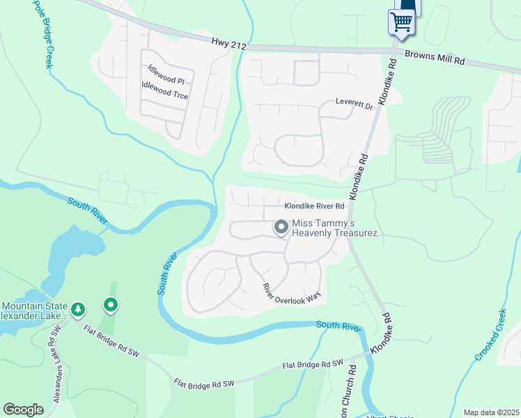 map of restaurants, bars, coffee shops, grocery stores, and more near 6259 Klondike River Road in Stonecrest