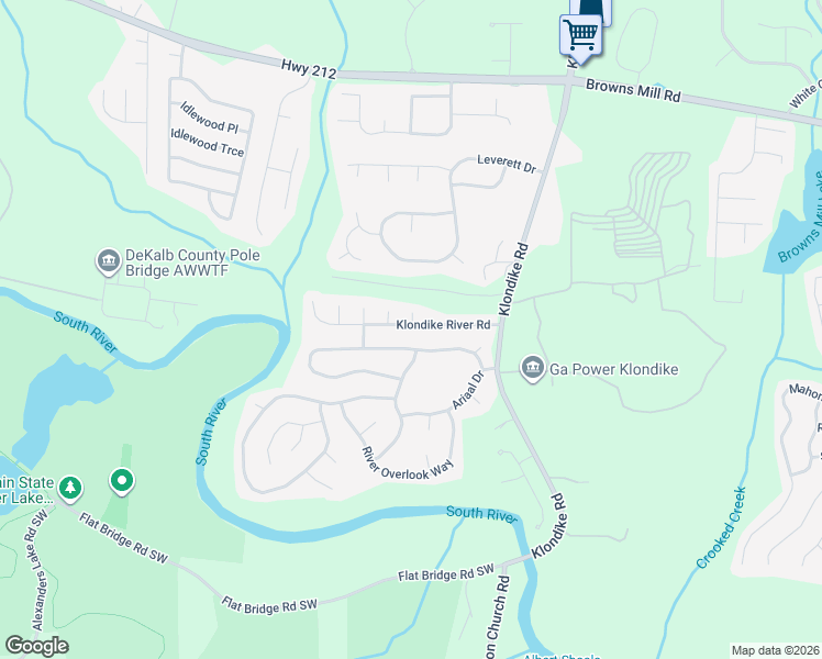 map of restaurants, bars, coffee shops, grocery stores, and more near 6295 Klondike River Road in Stonecrest