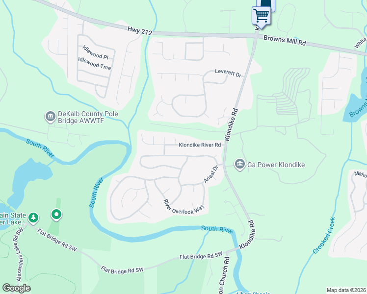 map of restaurants, bars, coffee shops, grocery stores, and more near 6295 Klondike River Road in Stonecrest