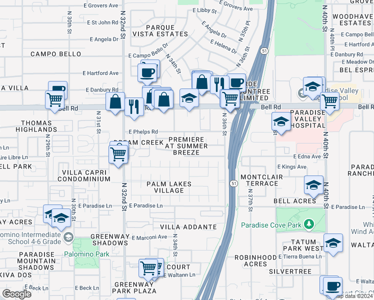 map of restaurants, bars, coffee shops, grocery stores, and more near 16609 North 34th Place in Phoenix