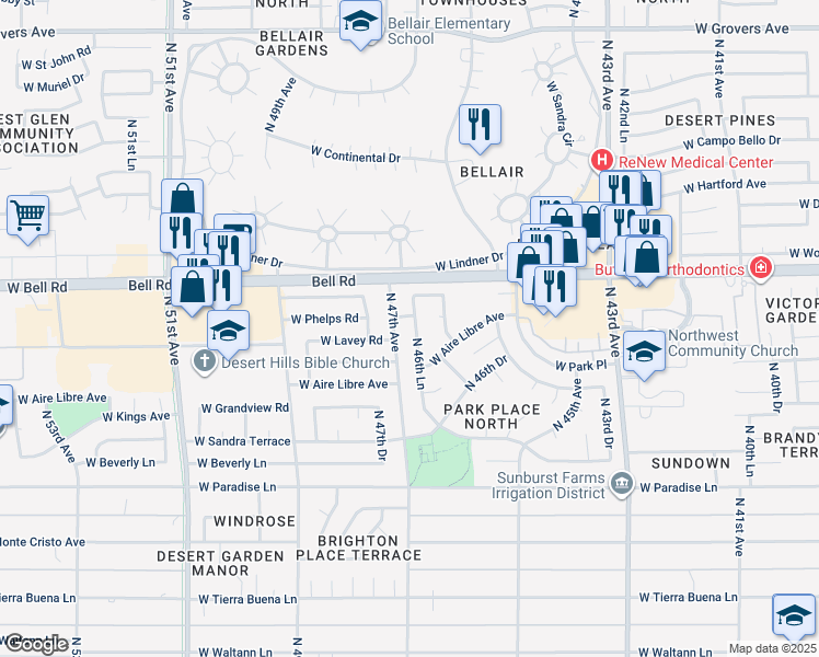 map of restaurants, bars, coffee shops, grocery stores, and more near 16638 North 46th Lane in Glendale