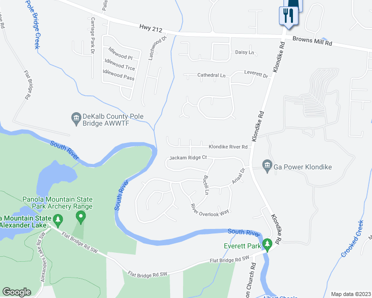 map of restaurants, bars, coffee shops, grocery stores, and more near 6255 Klondike River Road in Lithonia